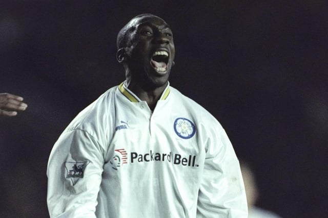 Jimmy Floyd-Hasselbaink celebrates scoring against Aston Villa at Elland Road in December 1997. The game finished 1-1.