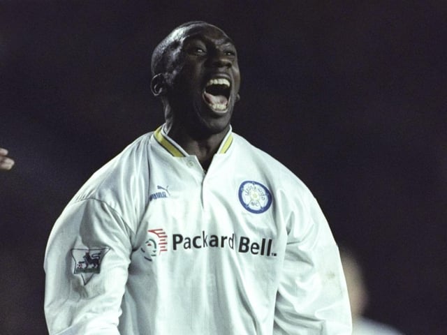 Jimmy Floyd-Hasselbaink celebrates scoring against Aston Villa at Elland Road in December 1997. The game finished 1-1.