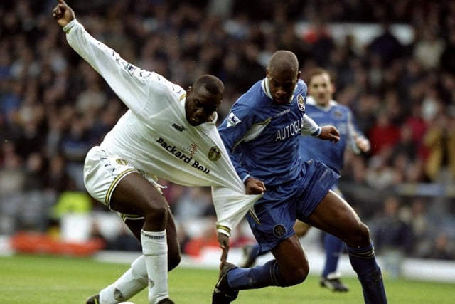 Jimmy Floyd-Hasselbaink has his shirt pulled back by Chelsea's Michael Duberry during the Premiership clash at Elland Road in March 1999. The game finished goalless.