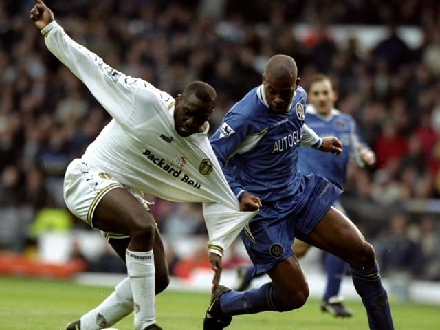 Jimmy Floyd-Hasselbaink has his shirt pulled back by Chelsea's Michael Duberry during the Premiership clash at Elland Road in March 1999. The game finished goalless.