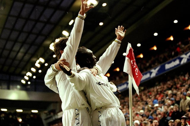 Jimmy Floyd-Hasselbaink celebrates one of his goals during the Premiership clash against Liverpool at Anfield in November 1998. The Whites won 3-1.