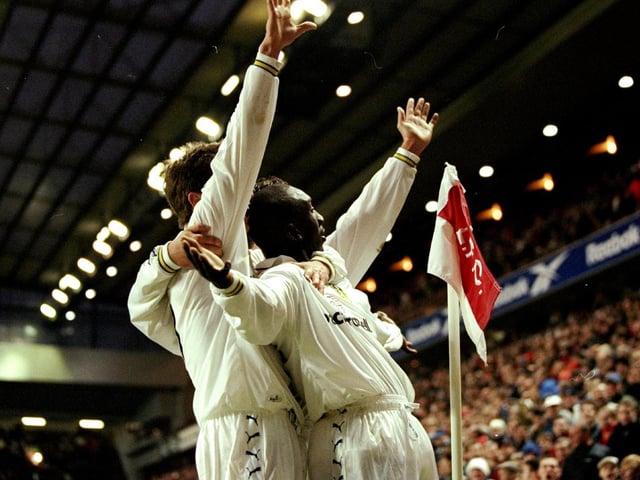 Jimmy Floyd-Hasselbaink celebrates one of his goals during the Premiership clash against Liverpool at Anfield in November 1998. The Whites won 3-1.