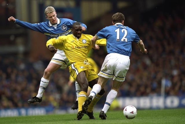 Jimmy Floyd-Hasselbaink tries to get the better of Everton's Craig Short during the Premiership clash at Goodison Park in April 1998. The Toffees won 2-0.