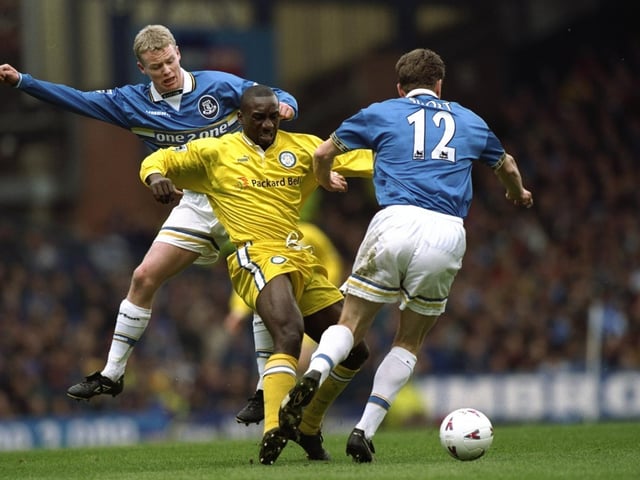 Jimmy Floyd-Hasselbaink tries to get the better of Everton's Craig Short during the Premiership clash at Goodison Park in April 1998. The Toffees won 2-0.
