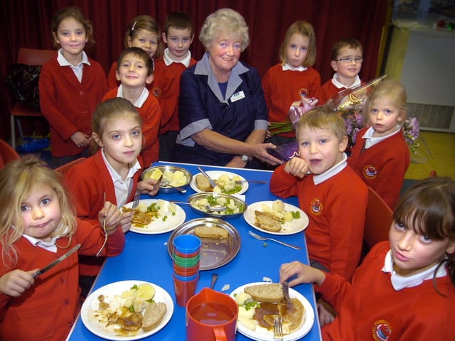 A birthday surprise for dinner supervisor Gladys Holmes at Fylingdales Primary School.