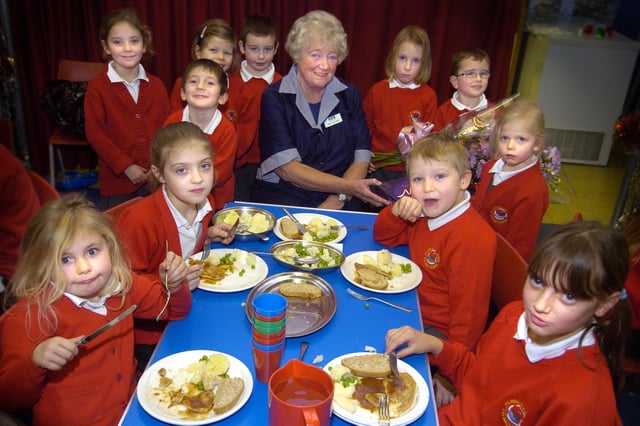 A birthday surprise for dinner supervisor Gladys Holmes at Fylingdales Primary School.