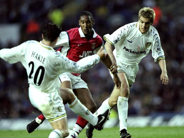 Arsenal striker Nicolas Anelka is stopped in his tracks by Ian Harte and Jonny Woodgate.
