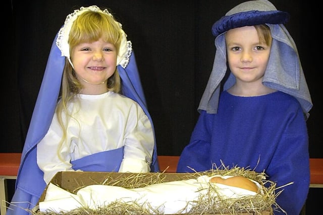 Nativity at Roseacre Primary School, South Shore, 2000. Leah Matthews and Kieran Hamer as Joseph and Mary