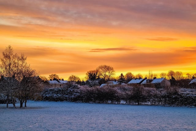 Sunrise over snowy Ryhill, by Sue Billcliffe