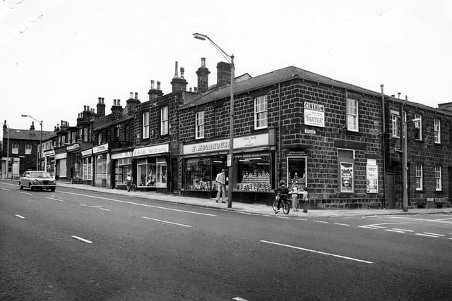 Headingley's Otley Road in June 1980 showing the junction with Cottage Road on the right. Shops in the picture include H. Moorhouse, grocers, then Mayfair Fashions and J. C. Cook, butcher. There is an advertisement for Cottage Road Cinema, which is showing the film 'Agatha'.