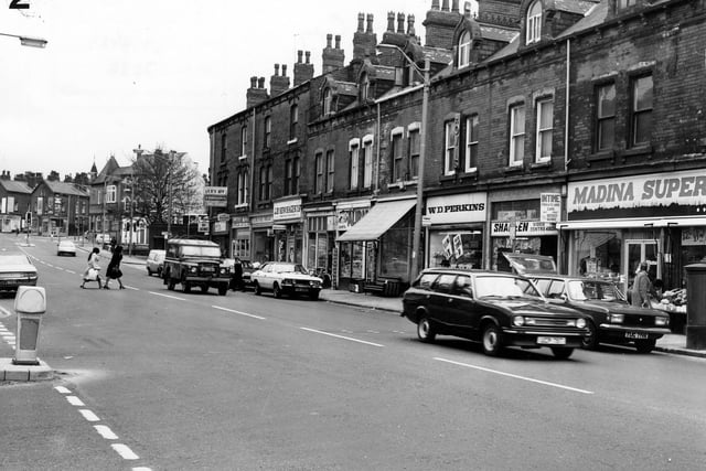A parade of shops in Roundhay Road looking towards the junction with Roseville Road in April 1980. The three storey brick built premises begin with Arthur Cooper, Wine Merchant and Off Licence and, move right in a descending sequence of even numbers, W.D Perkins, bakers.