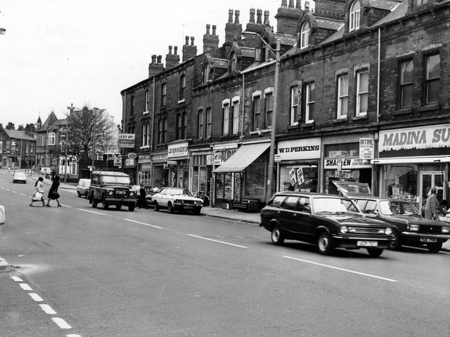 A parade of shops in Roundhay Road looking towards the junction with Roseville Road in April 1980. The three storey brick built premises begin with Arthur Cooper, Wine Merchant and Off Licence and, move right in a descending sequence of even numbers, W.D Perkins, bakers.
