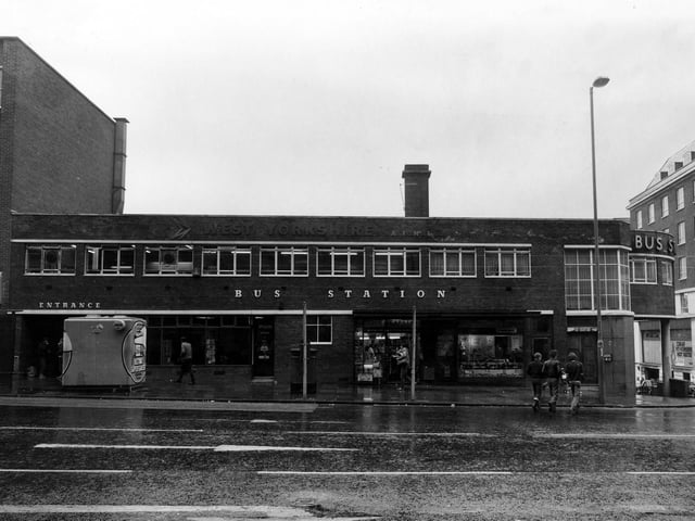 The bus station on Vicar Lane pictured in October 1980. It opened in 1936/37 and closed on in March 1990 when all bus services were transferred to the Central Bus Station. Part of the premises is occupied by Buckle's newsagents. The junction with Lady Lane can be seen on the right.
