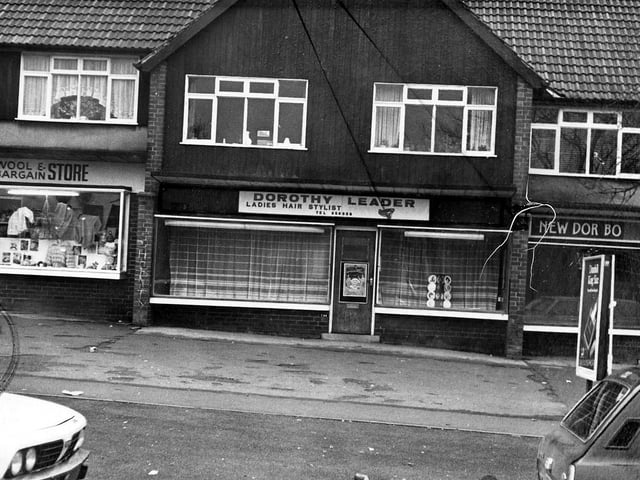 Part of a parade of shops on the south side of Easterly Road in January 1980. Dorothy Leader ladies hair stylist, is in the centre, the site of a proposed estate agent's office. On the left is Katrina's wool and bargain store, and on the right New Dor Bo, Chinese takeaway.