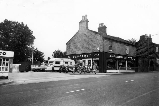 The motorcycle showroom of Bill Bancroft Ltd. on New Road Side at Horsforth in May 1980.