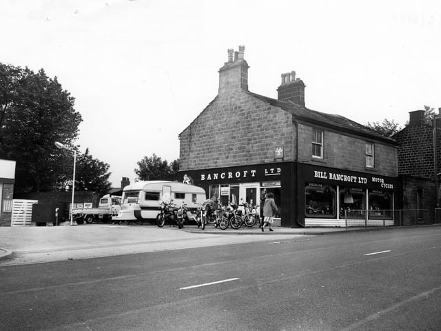 The motorcycle showroom of Bill Bancroft Ltd. on New Road Side in May 1980.