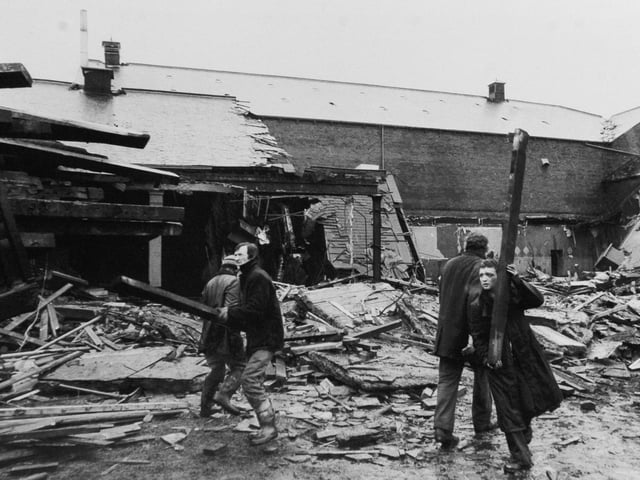 Demolition workmen remove the remains of the ballroom of the Capital at Meanwood in January 1980.