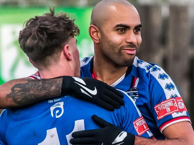Jacob Hazel celebrates one of his goals as Whitby Town defeated Grantham Town 3-0 in the NPL Premier Division on Saturday December 18.

Photo by Brian Murfield
