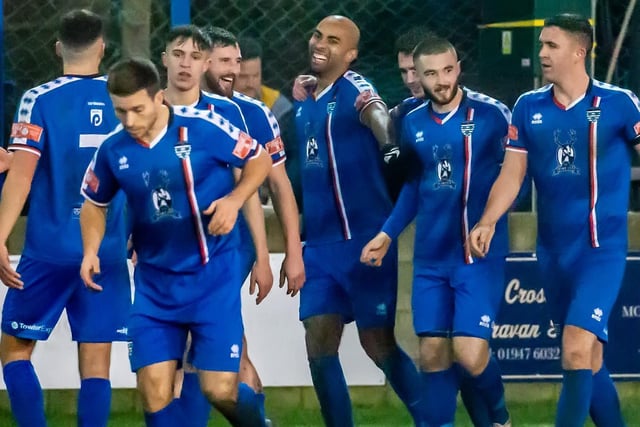 Jacob Hazel celebrates of his two goals as Whitby Town defeated Grantham Town 3-0 in the NPL Premier Division on Saturday December 18.

Photo by Brian Murfield