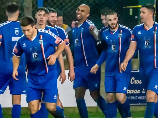 Jacob Hazel celebrates of his two goals as Whitby Town defeated Grantham Town 3-0 in the NPL Premier Division on Saturday December 18.

Photo by Brian Murfield