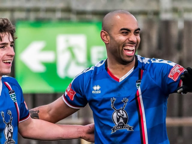 Jacob Hazel is all smiles after scoring as Whitby Town defeated Grantham Town 3-0 in the NPL Premier Division on Saturday December 18.

Photo by Brian Murfield