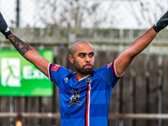 Jacob Hazel celebrates scoring for Whitby Town in the 3-0 win against Grantham Town in the NPL Premier Division on Saturday December 18.

Photo by Brian Murfield