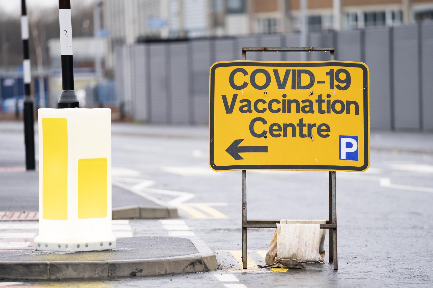 A direction sign outside the Elland Road Leeds COVID Vaccination Centre