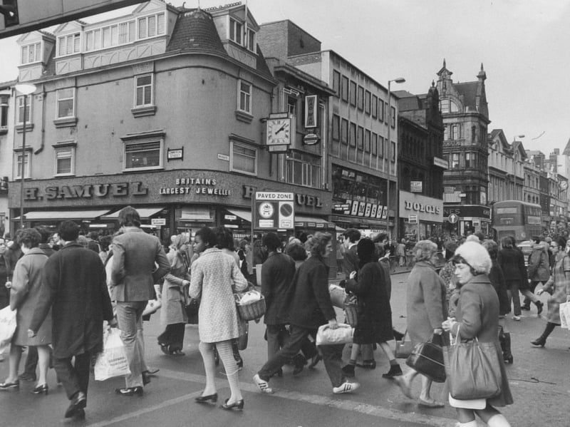 Christmas shoppers on Briggate, Leeds, in December 1971