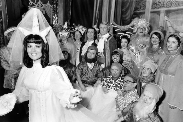 Snow White (Barbara Jackson) and other members of the cast from the Leeds City Varieties pantomime attended the children's party at Killingbeck Hospital in December 1973.