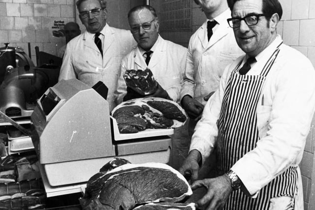 Sunday lunch sold by four top butchers, from left, William Waite, secretary of the Association of Leeds Retail Butchers, James Price, president, Stephen Wilkinson, and J. Kershaw, president-elect, in December 1973.
