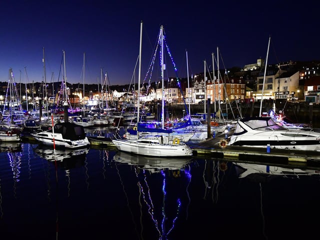 Jet-black water illuminated by Christmas lights.