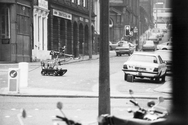 A Bomb disposal robot on the streets of Leeds in March 1981. The drama happened on Great George Street, near Calverley Street, just down from the Merrion Centre.