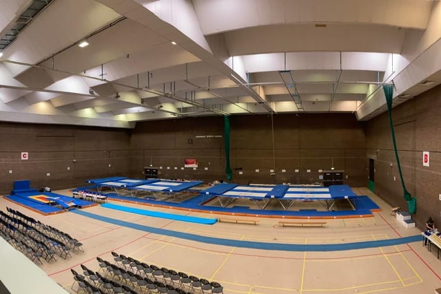 Dewsbury Sports Centre Hall set up for the Yorkshire Trampolining and Double Mini-Trampoline Championships.