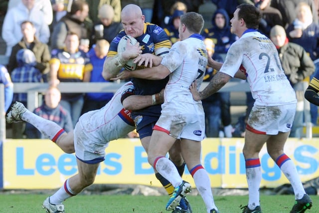 Richard Moore, who went on to star for Wakefield, attracts plenty of attention when in a Leeds Rhinos shirt in 2011.