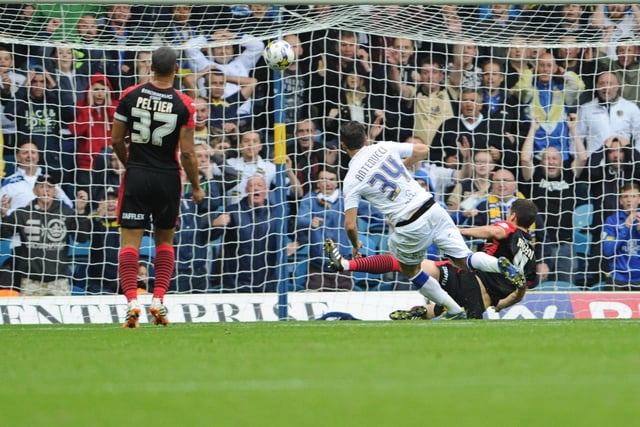 Mirco Antenucci scores against Huddersfield Town at Elland Road in September 2014. The Whites won 3-0.