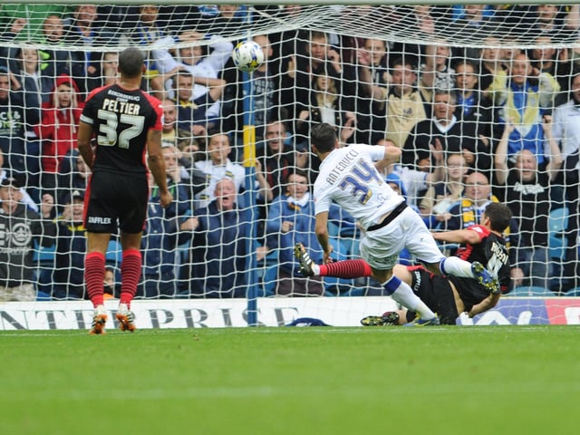 Mirco Antenucci scores against Huddersfield Town at Elland Road in September 2014. The Whites won 3-0.
