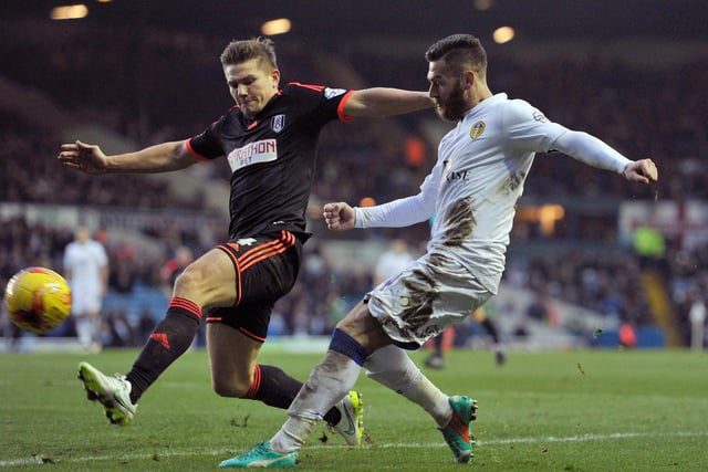 Mirco Antenucci  has his cross blocked by Fulham's Shaun Hutchinson during the Championship clash at Elland Road in December 2014.