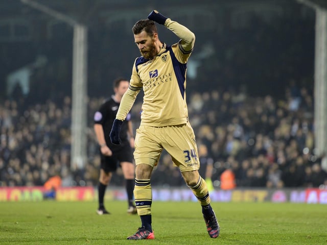 Mirco Antenucci celebrates scoring Leeds United's  third goal during the Championship clash against Fulham at Craven Cottage in March 2015. Leeds won 3-0.