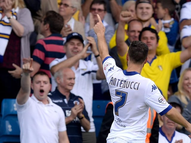 Mirco Antenucci celebrates scoring during the Championship clash against Burnley  at Elland Road in August 2015.