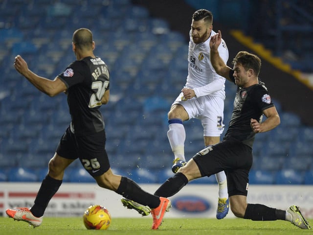 Mirco Antenucci shoots past Charlton Athletic's Tal Ben Haim and Rhoys Wiggins during the Championship clash at Elland Road in November 2014.