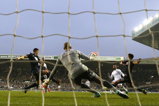 Mirco Antenucci fires past Derby County goalkeeper Lee Grant to score the opening goal during the Championship clash at Elland Road in November 2014.