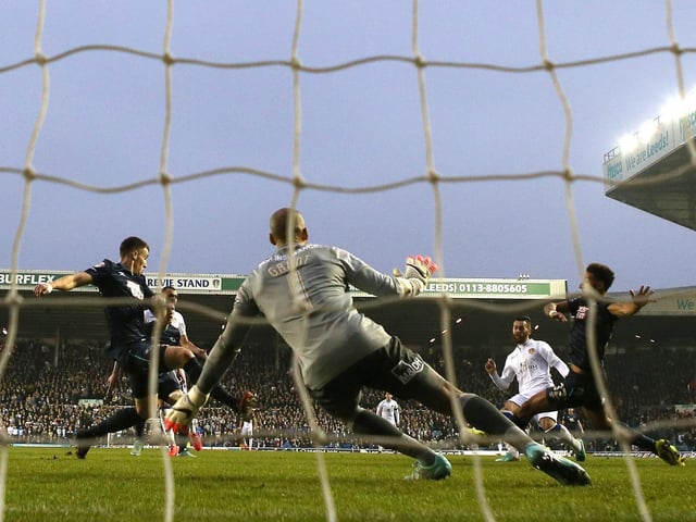 Mirco Antenucci fires past Derby County goalkeeper Lee Grant to score the opening goal during the Championship clash at Elland Road in November 2014.