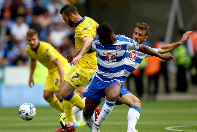 Mirco Antenucci battles for the ball with Reading's Aaron Tshibola (centre) and Orlando Sa (right) during the Championship clash at the Madejski stadium in August 2015.