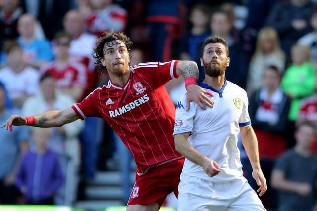 All eyes to the sky for Mirco Antenucci  and  Middlesbrough's Fernando Amorebieta during the Championship clash at the Riverside in September 2015.