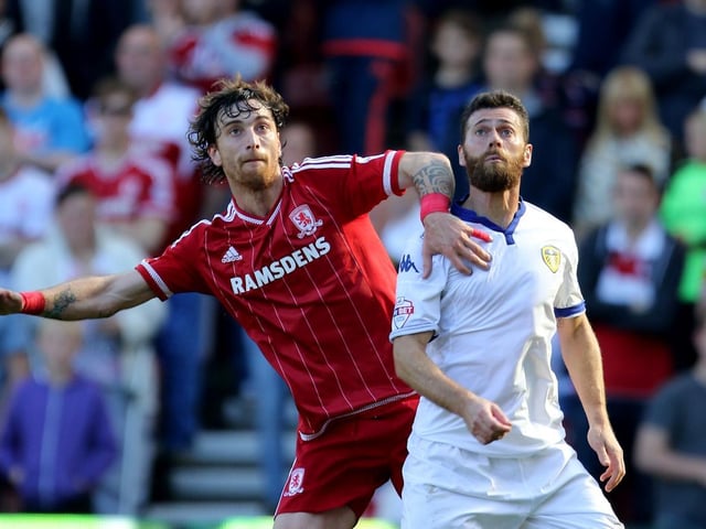 All eyes to the sky for Mirco Antenucci  and  Middlesbrough's Fernando Amorebieta during the Championship clash at the Riverside in September 2015.
