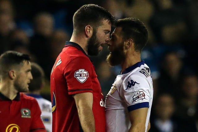 Mirco Antenucci goes head to head wiith Blackburn Rovers defender Grant Hanley during the Championship clash at Elland Road in October 2015.