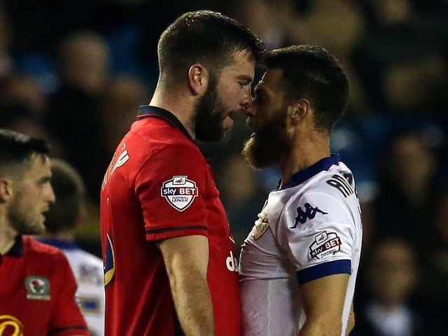 Mirco Antenucci goes head to head wiith Blackburn Rovers defender Grant Hanley during the Championship clash at Elland Road in October 2015.