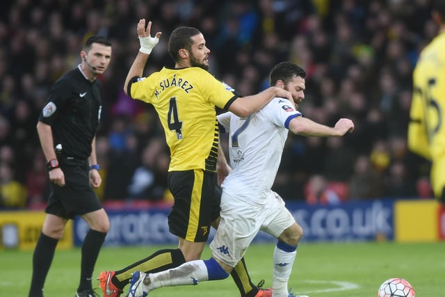 Mirco Antenucci is fouled by Watford midfielder Mario Suarez during the FA Cup fifth round clash at Vicarage Road in February 2016.