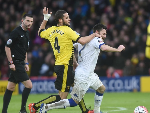 Mirco Antenucci is fouled by Watford midfielder Mario Suarez during the FA Cup fifth round clash at Vicarage Road in February 2016.
