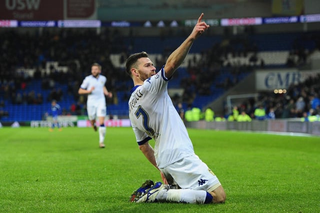 Mirco Antenucci celebrates scoring Leeds United's second goal against Cardiff City at the Cardiff City stadium in March 2016.